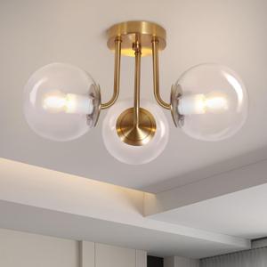 Bektas 3-Lights Semi Flush Mount Ceiling Light Fixture Brushed Gold Light Fixture Bend Modeling with Transparent Glass Shade for Bedroom,Living Room,Dinning Room Foyer Hallway