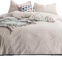 SUSYBAO Tan Gingham Duvet Cover Queen 100% Washed Cotton Beige Plaid Duvet Cover Set 3 Pieces Set 1 Soft Checkered Grid Duvet Cover with Zipper Ties 2 Pillowcases Luxury Farmhouse Gingham Bedding Set