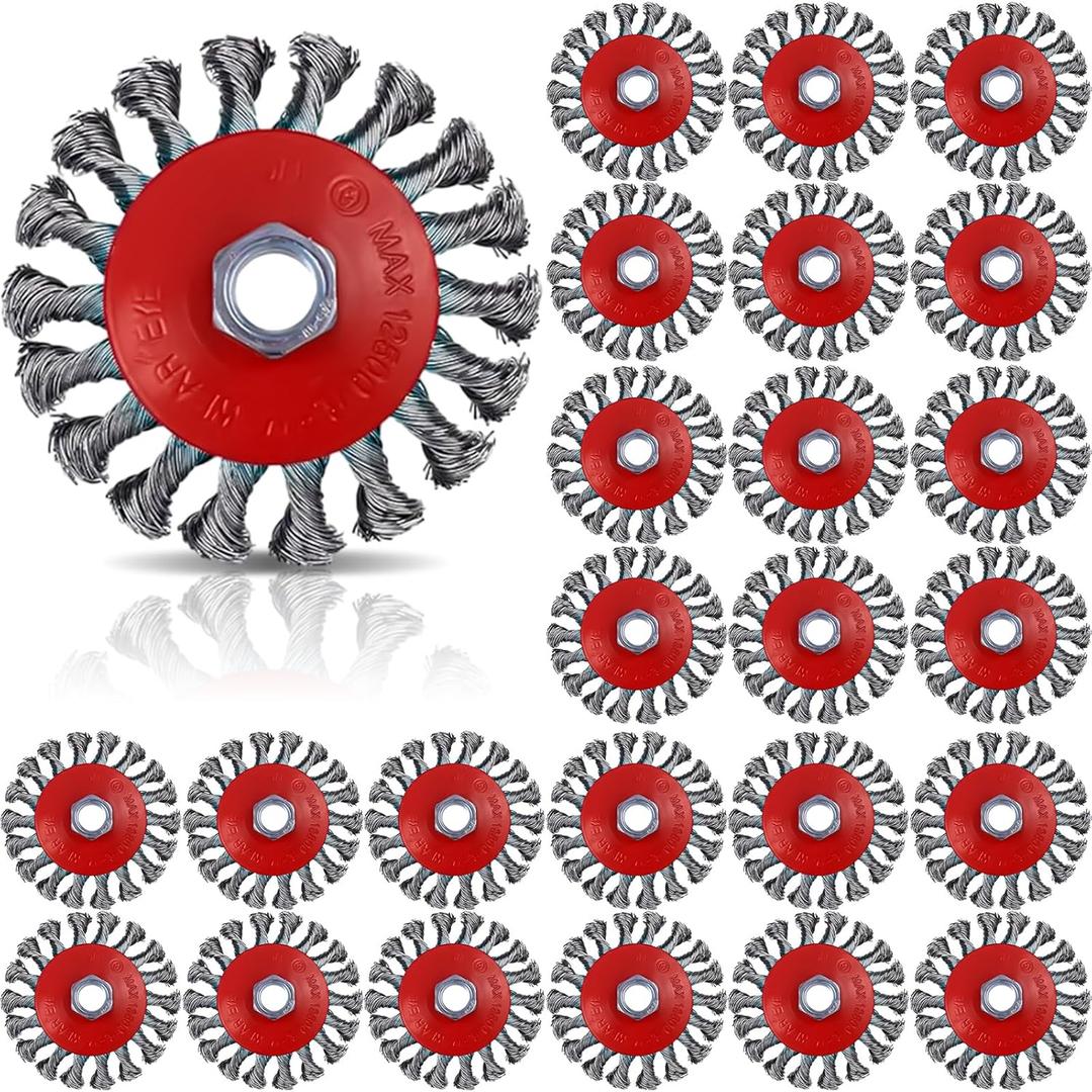 Tandefio 24 Pcs Wire Wheel Brush Wire Wheels with 5/8"-11 Threaded Arbor for 4 1/2 Angle Grinder Knotted Wire Cup Brush for Heavy Cleaning Rust Removal(Red,4 Inch)