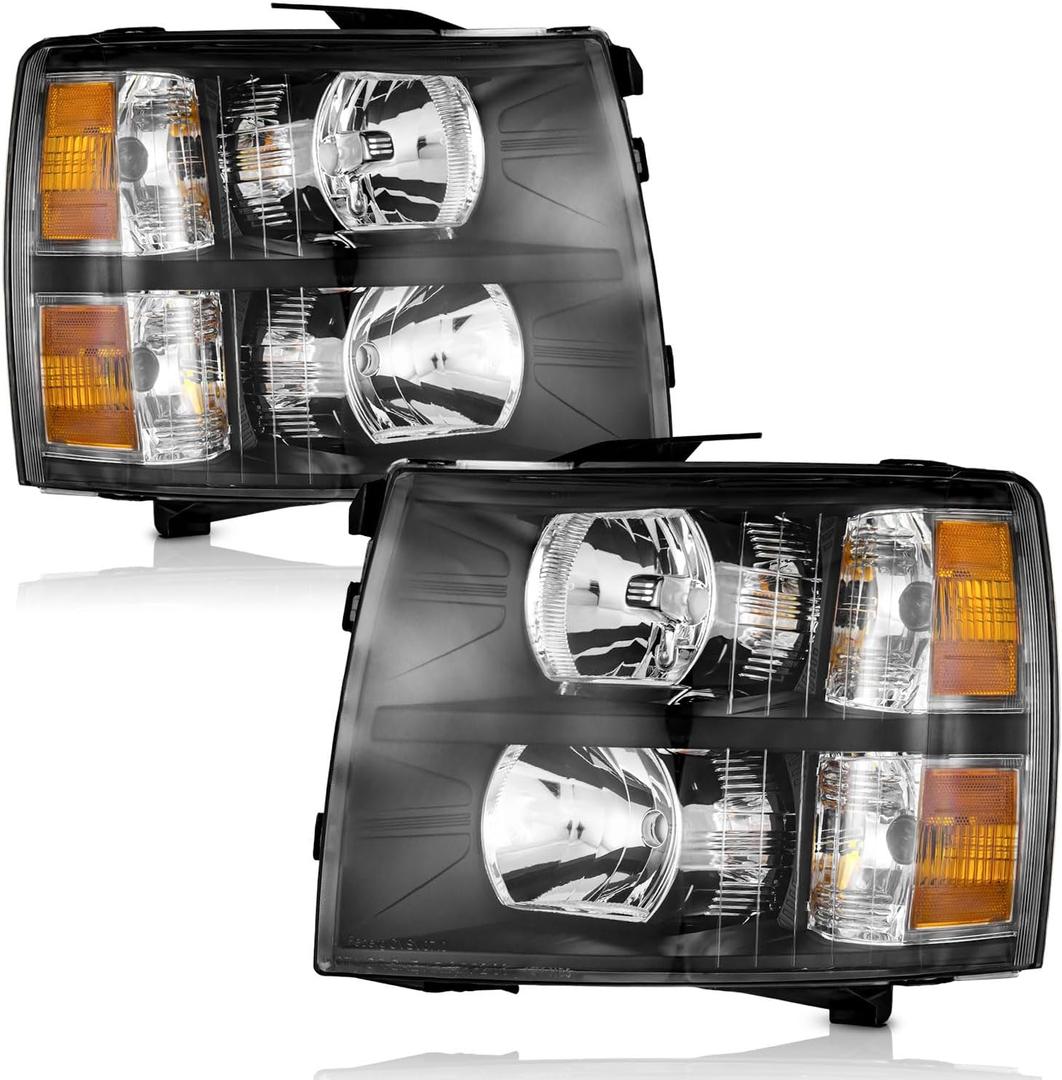 WEELMOTO Headlights Pair Assembly for 2007 2008 2009 2010 2011 2012 2013 Chevy Silverado 1500, Compatible with 07-14 Chevy Silverado 2500HD 3500 Headlamp Replacement Black Housing Amber Reflector