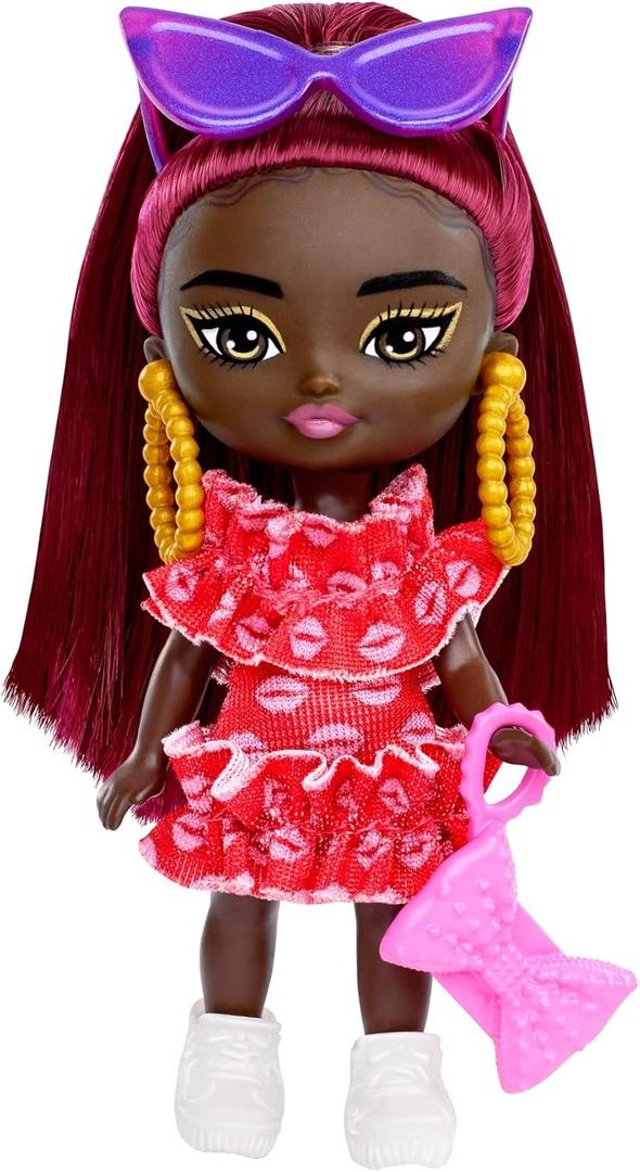 Barbie Extra Mini Minis Doll with Burgundy Hair, Red Ruffle Dress, Sunglasses & Accessories & Stand, 3.25-inch