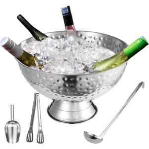 Ice Bucket Set for Champagne Bottle, Large 12L Stainless Steel Ice Bowl with Hammered Finish, Includes Scoop, Tongs and Ladle, Ice Bucket for Cocktail Bar, Bar Cart, Parties, Weddings, Celebrations