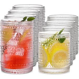 Vintage Hobnail Drinking Glasses Set of 8, 15 oz Highball Glasses & 12 oz Cocktail Glasses, Drinkware Kitchen Glasses for Cocktail, Iced Coffee, Beer, Ice Tea, Wine, Whiskey, Water