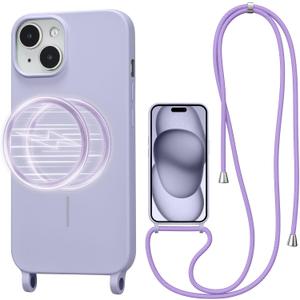 Magnetic Crossbody Case for iPhone 14 Plus/15 Plus 6.7", Liquid Silicone Case with Adjustable Shoulder Neck Lanyard Strap,[Compatible with MagSafe] Shockproof Protective Phone Cover-Purple