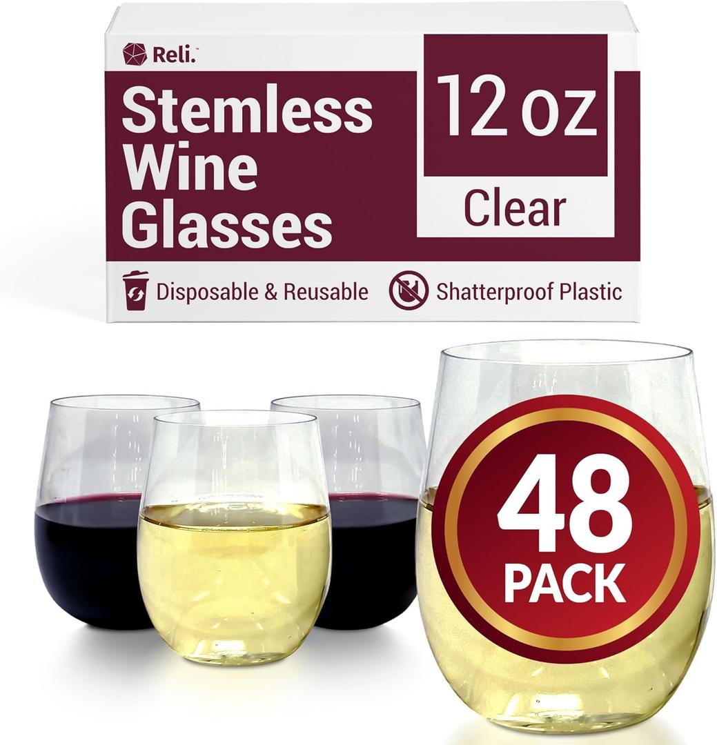 Reli. Disposable Wine Glasses (48 Pack, 12oz) Plastic Stemless Wine Glasses Disposable | Clear and Stemless for Parties, Cocktails, Whiskey, Weddings | Shatterproof