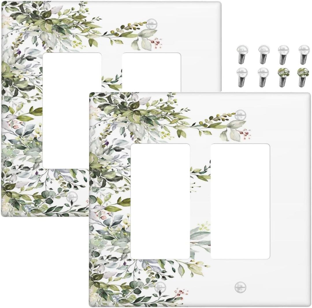 Decorative Outlet Covers Rustic Eucalyptus Leaves Green Leaf 2 Gang Light Switch Cover Plate Double Rocker Wall Plate Switch Plate Covers Faceplate for Bedroom Home Decor 2 Pack