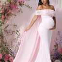JustVH Women's Maternity Mesh Off Shoulder Chiffon Maxi Photoshoot Dress for Baby Shower Cloak Outfit Maxi Photography Gown (Pink, M)