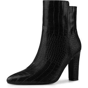 Allegra K Women's Printed Pointed Toe Chunky Heels Ankle Boots (9) Black