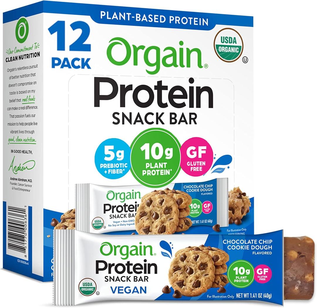 Orgain Organic Vegan Protein Bars, Chocolate Chip Cookie Dough - 10g Plant Based Protein, Low Calorie Healthy Snacks, No Lactose or Soy Ingredients, Gluten Free, Non-GMO - 1.41 Oz (Pack of 12), BBD: 02/26/2026