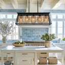 Rattan Boho Black Chandelier Dining Room Kitchen Island Light Fixture,Wicker Chandeliers Over Table 5-Light Rustic Rectangular Farmhouse Kitchen Pendant Lighting Fixtures
