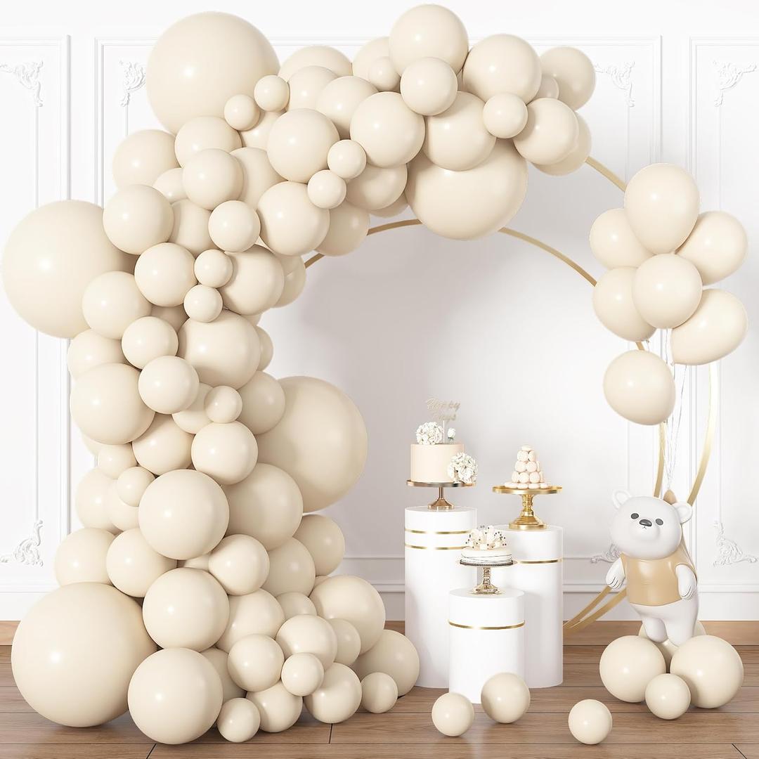 Ouddy Life 164Pcs Beige Cream Balloons Different Sizes 18" 12" 10" 5" - Ivory Neutral Balloon Garland Arch Kit for Birthday Party Wedding Bridal Baby Shower Anniversary Graduation Decorations (Sand White)