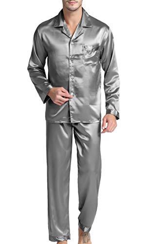 Sanraflic® Men's Satin Pajamas Long Button-Down Pj Set Sleepwear Loungewear (Gray, XL)