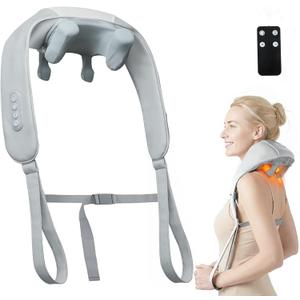 Cordless Neck Massager with Heat for Pain Relief,6D Kneading Shiatsu Neck and Shoulder Massager Deep Tissue with Remote,Use at Home, Office, Car - Gifts for Mothers Fathers Day(White Gray)