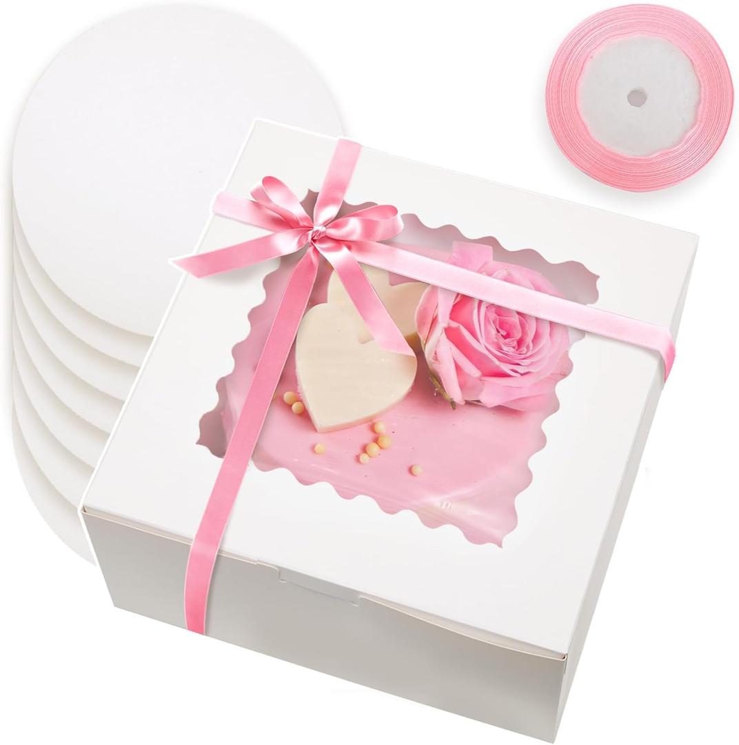 Bakepacker 36pcs 8x8x5 Inches Cake Boxes with Window 18-Packs White 8 Inch Bakery Boxes (18 Cake boxes +18 Cake Boards+10 Meters Silk Ribbon Includes)