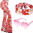 Tisancy 3 Pcs 60s 70s Outfit for Women Hippie Costume Set Disco Flared Pants Groovy Outfit Party Accessories M