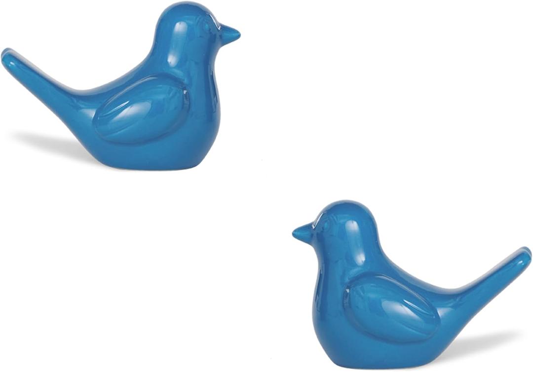 Small Blue Bird Statue Ceramic 2-Piece Set, 2 inch Cute Knick Knack for Home Office Shelf Desk Decor