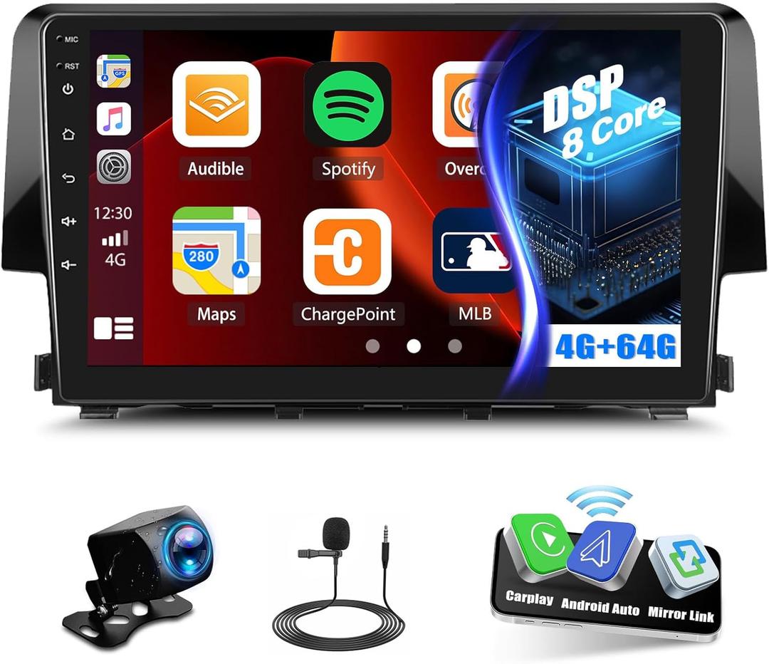 4G+64G/8 Core Android Car Stereo for Honda Civic 2016 2017 2018 2019 2020 Wireless Apple CarPlay Android Auto GPS Navigation 9 Inch 1280 * 720 Touch Screen Bluetooth WiFi DSP FM/RDS Backup Camera