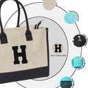 ESVAN Personalized Gifts Canvas Tote Linen Bags Handbags Top Zipper Closure Initial Retro Utility Tote