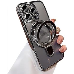 Magnetic Case for iPhone Case Magsafe with Invisible Kickstand Camera Protector Plating Shockproof Soft Rubber Clear Protective Phone Case (Titanium Grey)