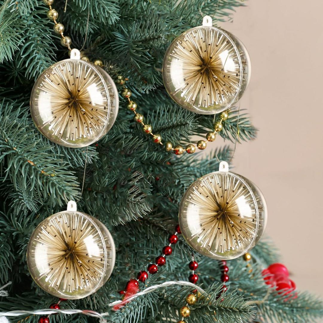 Hoteam 3 Pcs 2.36" Starburst Christmas Ball Ornaments Pipa Champagne Gold Shatterproof Christmas Hanging Ornaments Metal Glitter Tube Shaped Balls for Holiday Xmas Tree Party Decorations