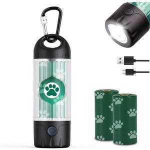 Tubasion 3-in-1 Dog Poop Bag Holder with Flashlight 7-Color, USB-C Rechargeable doggie bag holder for leash, IPX6 Waterproof Anti-Slip Clip Pet Waste Bag Dispenser for Walking (1 Dispenser, 30 Bags)