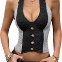 Women's Halter Corset Top Stripe Lace Sexy Going Out Bustier Tops (Medium, Black)