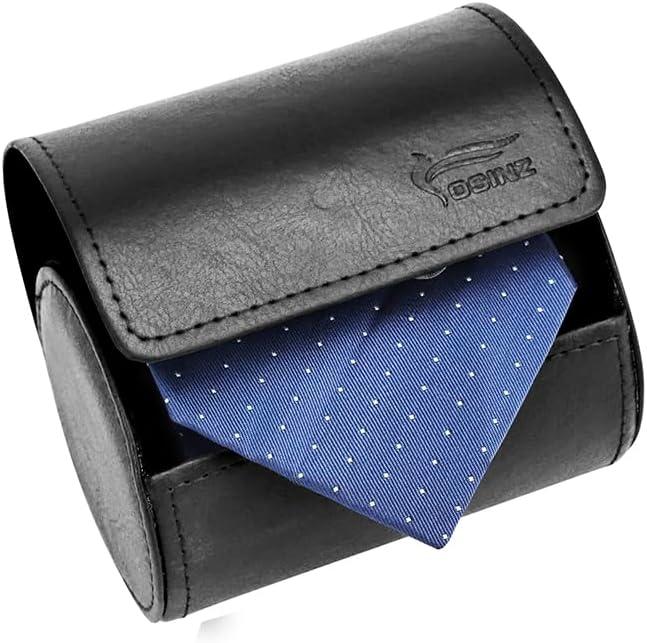 Leather Tie Case Box Organizer for Men's Necktie and Bow Tie Storage Travel Gift Box (round button, Black, 4.3" x 3.3" x 3.3")