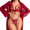 RSLOVE Women Sexy Lingerie Set - 3 Piece Bra and Panty Sets with Lace Kimono Robe Sheer Sleepwear Mesh Nightgown (Small, Wine Red)