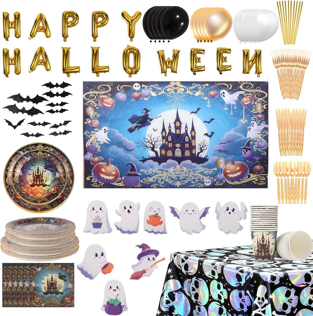 278 Pcs Happy Halloween Tableware Party Supplies Contain Forks Spoons Knives Paper Plates Balloons Tablecloth Ghost Banner Backdrop Bat stickers (Type 1)