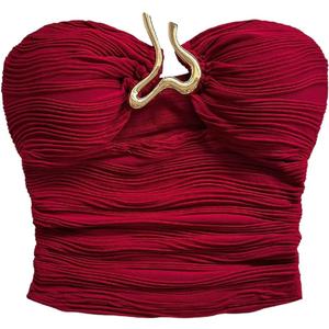 SOLY HUX Women's Summer Tube Tops Strapless Sleeveless Cut Out Ruched Bandeau Y2k Going Out Crop Top Plain Red Small (S)