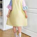OYOANGLE Girl's Striped Button Up Ruffle Dress Half Sleeve Color Block Flared Long Dress