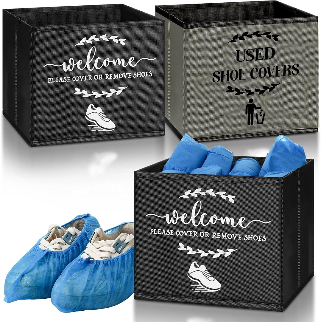 2 Pcs Shoe Cover Boxes Dispenser Foldable Storage Bins, Used Shoe Covers and Welcome Please or Remove Sign Entryway Basket Holder for Open House Supplies(Dark Gray, Black)