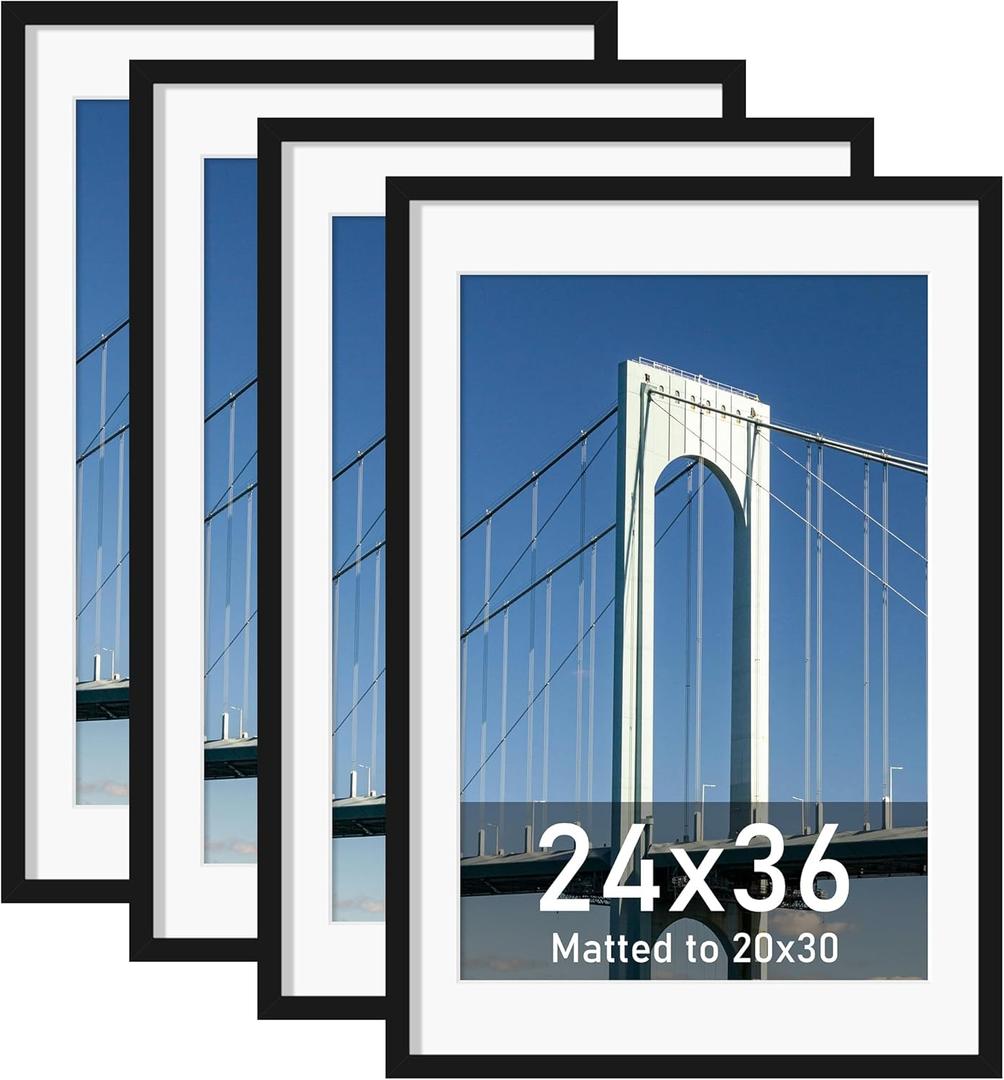 Wiscet 24x36 Poster Frame Set of 4, Display Picture 20x30 with Mat or 24 x 36 Without Mat, Photo Frame for Horizontal or Vertical Wall Display, Black