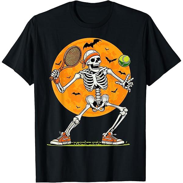 Funny Halloween Tennis Skeletons Play Tennis T-Shirt, L