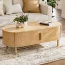 Oval Coffee Table with Sliding Doors, Modern, Natural, 29.92" x 29.92" x 16.14"