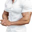 Mens Muscle Fit Dress Shirts Athletic Slim Fit Short Sleeve Stretch Casual Button Down Shirt (White, S)