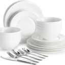 KINGSTONE 24-Piece Bone China Dinnerware Set with 40-Piece flatware, White Lightweight Porcelain Service for 8, for Family Dining, Restaurants, Gifting，Microwave and Dishwasher Safe