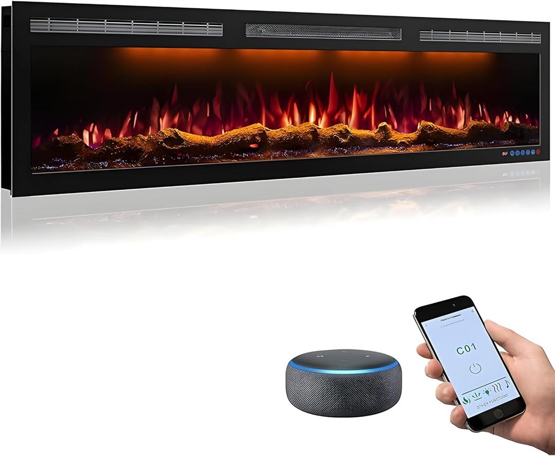 60 Inch WiFi Electric Fireplace Heater, Recessed or Wall Mounted, UltraSlim 5.51" Deep, 750/1500W, 12 Flame Colors & 12 Ember Bed Colors,Remote & App Control, Works with Alexa & Google Home
