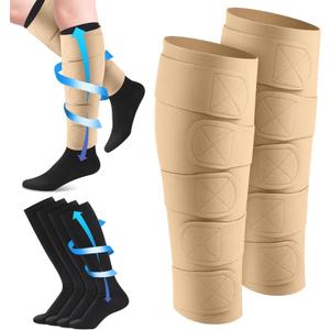 3 Pairs Lymphedema Compression Leg Wraps Kit 20-30 Mmhg Medical Shin Splint Wrap with Compression Socks (Nude and Black)