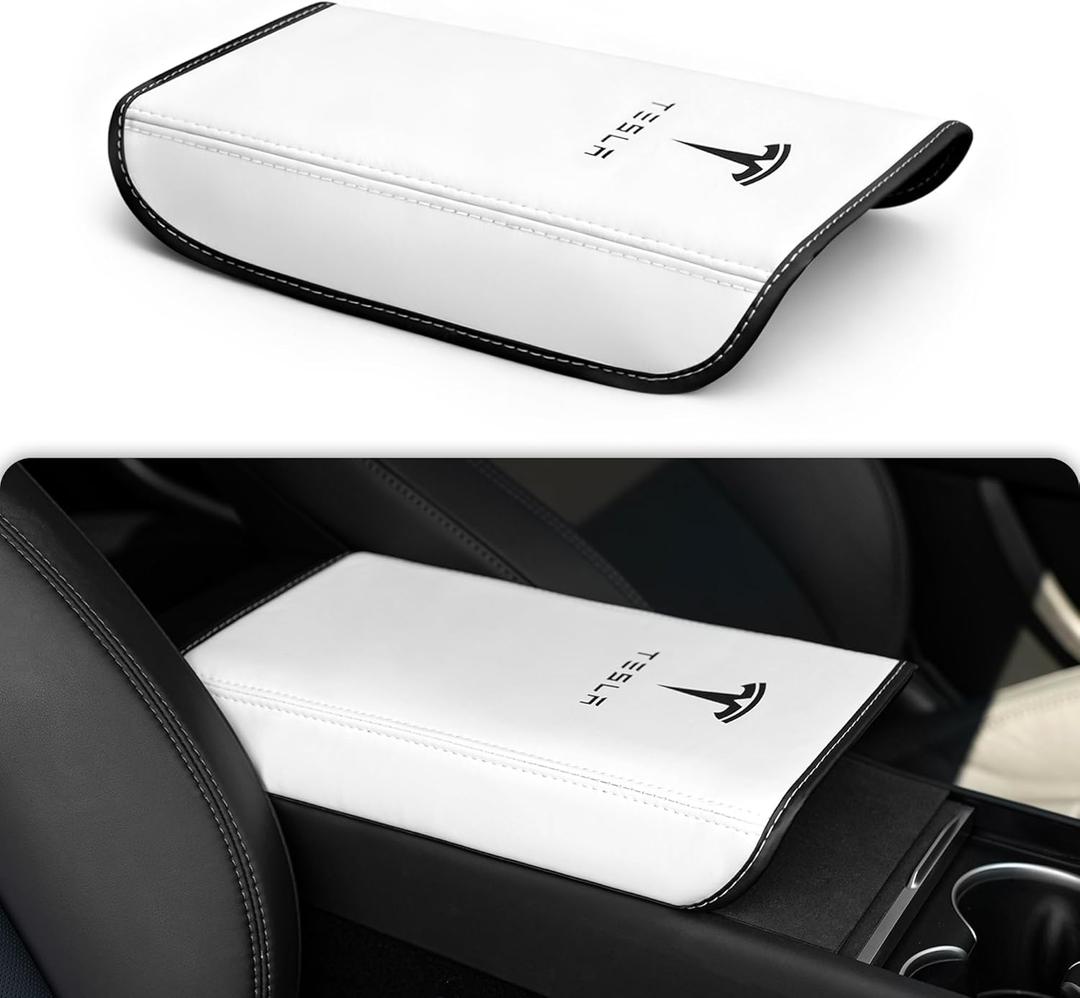 Polwlamks Center Console Armrest Cover for Model Y/Model 3, Soft Leather Pad Armrest Protector Armrest Box Cushion Compatible with New Tesla Refresh Model Y (2020-2026) / Model 3 (2019-2025) (White with Patterns)