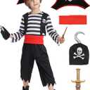 IKALI Pirate Costume for Kids Boys,Toddler Pirate Role Play Dress Up with Bandana, Cutlass, Hat 3-10 Years (Black)