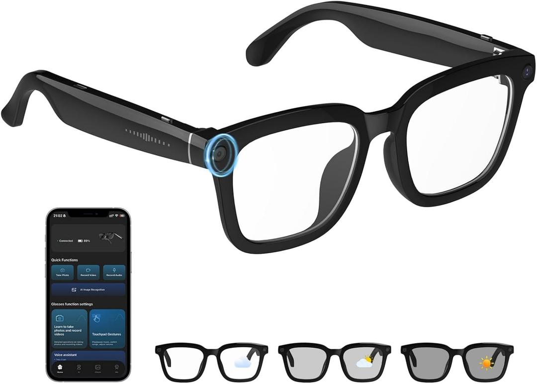 Smart Glasses with Camera, 8MP HD Camera Glasses, 1200P Video Recording Glasses With AI Assistant, Real-Time 139-Language Translation, Color-Change Lenses, Bluetooth Eyeglasses for Indoor Outdoor Use