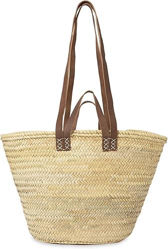 FRENCH MARKET BASKET with double flat leather handles, straw bag, beach bag, basket bag, shopping basket,with handle