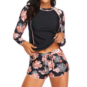 Women's Long Sleeves Rash Guard - 2 Piece Swimsuits with Built in Bra Swim Shirt and Shorts with Pockets Orange Floral XL