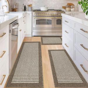 Ileading Kitchen Mat Sets 3 Piece Minimalist 3D Lattice Kitchen Floor Rugs with Non Slip Rubber Backing Machine Washable Farmhouse Runner Rugs for Laundry Hallway Doormat(Brown) (20"x32"+20"x48"+20"x59")