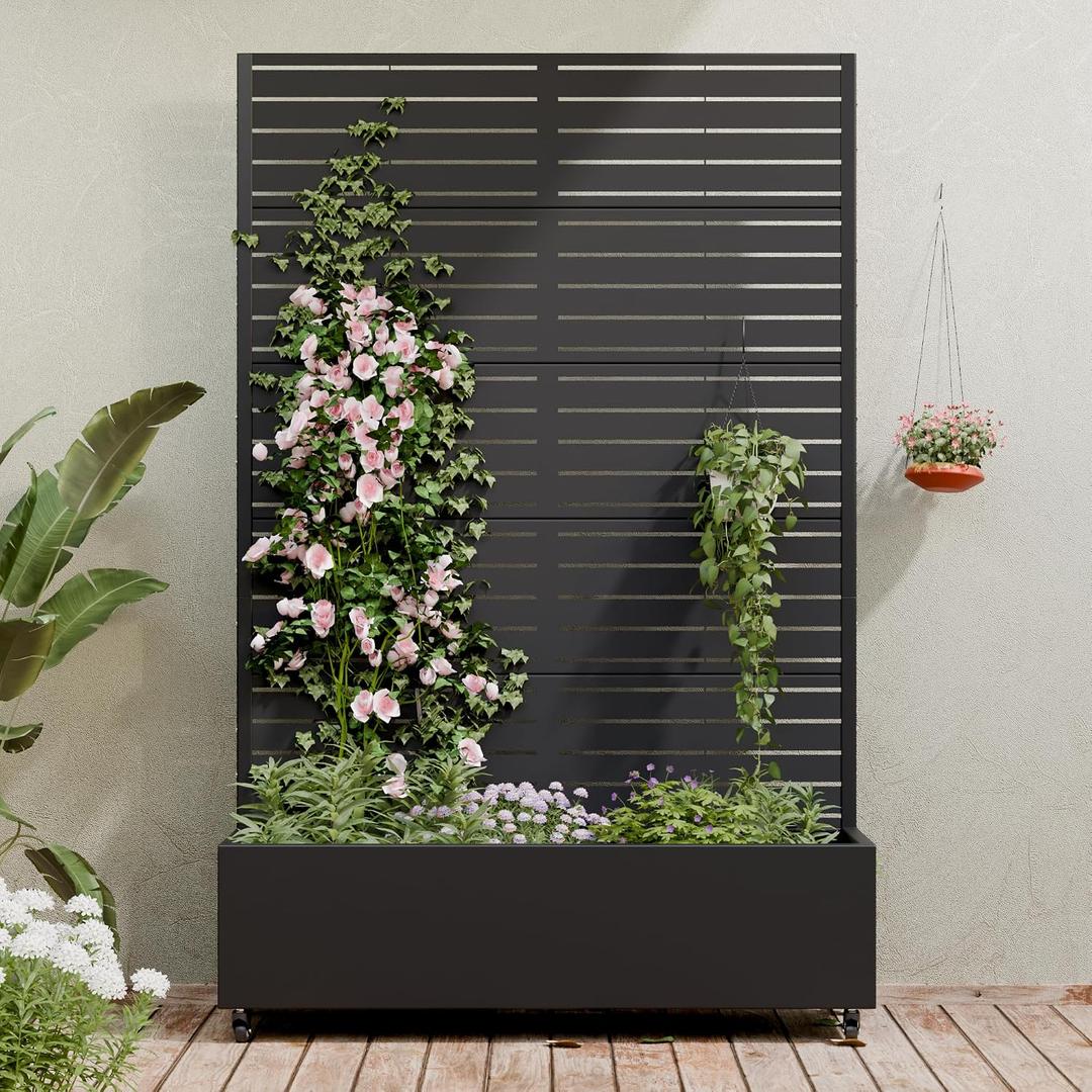 Casaphoria Metal Raised Garden Bed with Trellis and Wheels, 72"x47"x16" Planter Box for Climbing Plants, Vegetables & Vines, Features Drainage Holes and Privacy Screen (Black-Louver)
