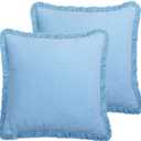 Set of 2 Fringe Throw Pillow Covers with Tassel Trim for Farmhouse Living Room,Soft Cotton & Cozy Linen, Boho Sytle Decorative Home (Baby Blue, 20x20 Inch)
