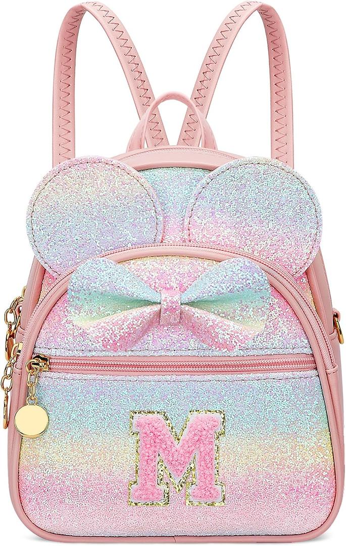 KKXIU Initial Bowknot Mini Backpacks for Girls Women, Small Cute Backpack Purse, Personalized Birthday Gifts for Toddler, Kids and Teen Girls(M, Rainbow)