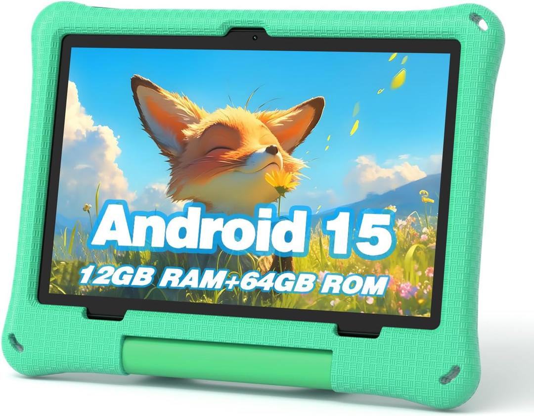 Kids Tablet: 10 Inch Android 15 Tablet for Kids, 64GB Octa-Core 6000mAh Battery, WiFi 6, Pre-Installed Kids Apps, Parental Control with EVA Protective Case - Ideal Gift for Toddler, Green