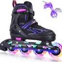 BELEEV Inline Skates with Light-Up Wheels & Shoelaces, 4-Size Adjustable Roller Blades for Kids, Boys & Girls Ages 5-8, 8-12, 6-12, Illuminating Skates for Youth & Women, Beginner Outdoor/Indoor Use (Purple), Size M